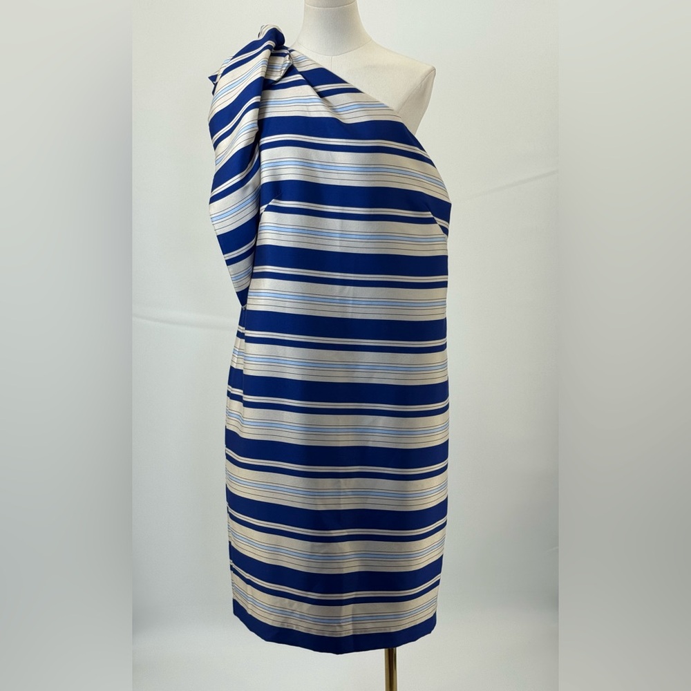 Banana Republic One Shoulder Striped Blue/Ivory With Bow Knee Length Dress SZ 16 - Picture 11 of 16